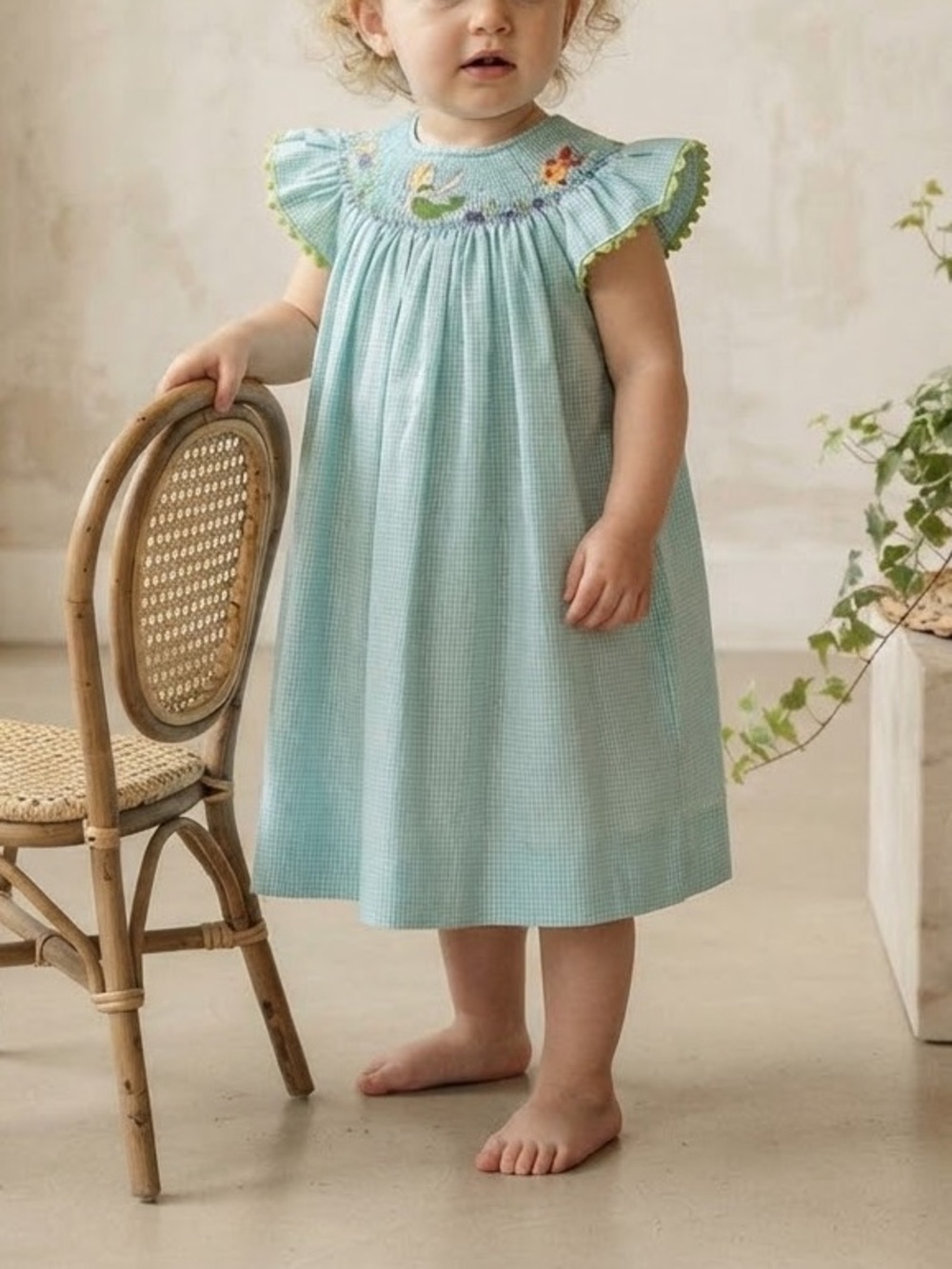 Mom & Me Baby Girl Green & White Smocked Bishop Dress with Mermaids